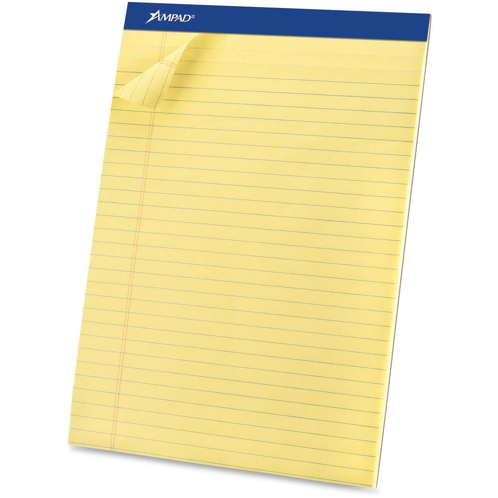 Ampad Basic Perforated Writing Pads - Legal - 50 Sheets - Stapled - 0.34" Ruled - 15 lb Basis Weight - Legal - 8 1/2" x 11 1/2"8.5" x 11.8" - Canary Yellow Paper - Dark Blue Binding - Sturdy Back, Chi. Picture 1