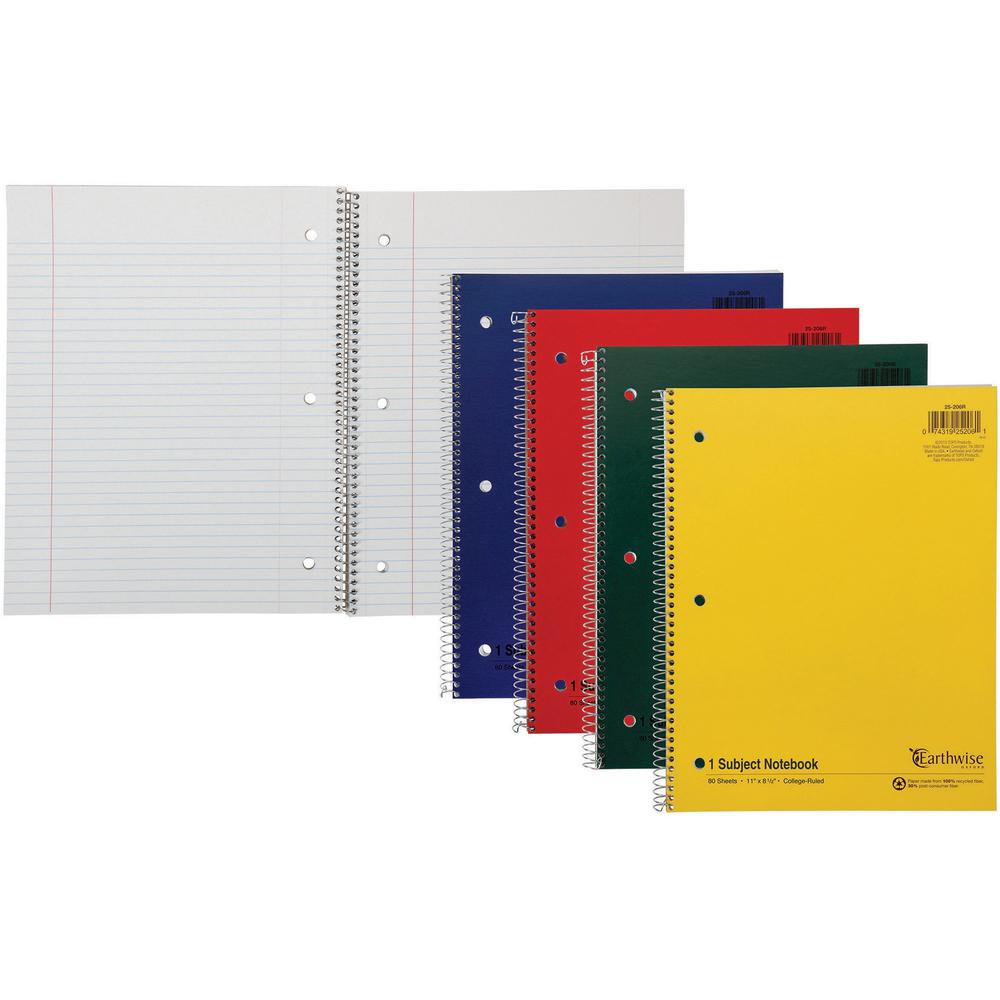Ampad Oxford Earthwise Recycled 3HP Notebooks - Letter - 80 Sheets - Wire Bound Red Margin - 15 lb Basis Weight - 8 1/2" x 11" - White Paper - Assorted Cover - Pressboard Cover - Hole-punched, Micro P. Picture 1