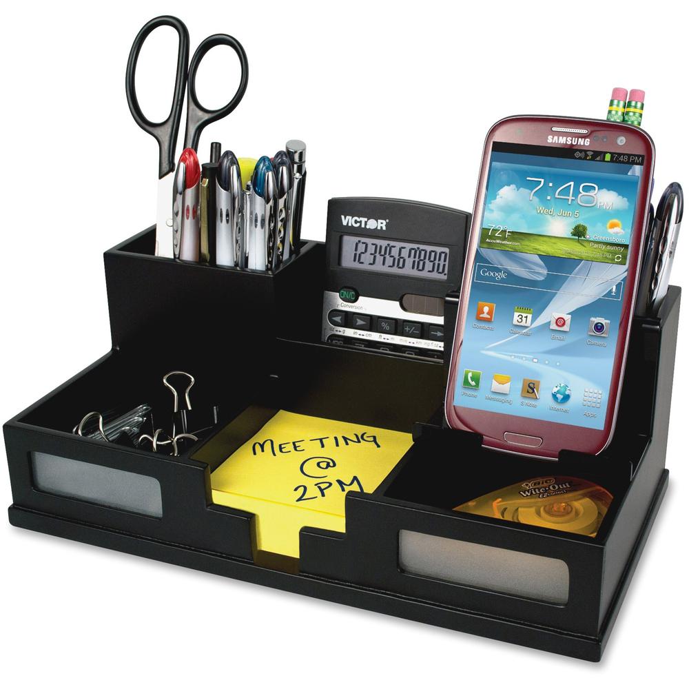 Victor 9525-5 Midnight Black Desk Organizer with Smart Phone Holder&trade; - 6 Compartment(s) - 4.0" Height x 5.5" Width x 10.4" Depth - Black - Frosted Glass, Wood, Rubber - 1Each. Picture 1
