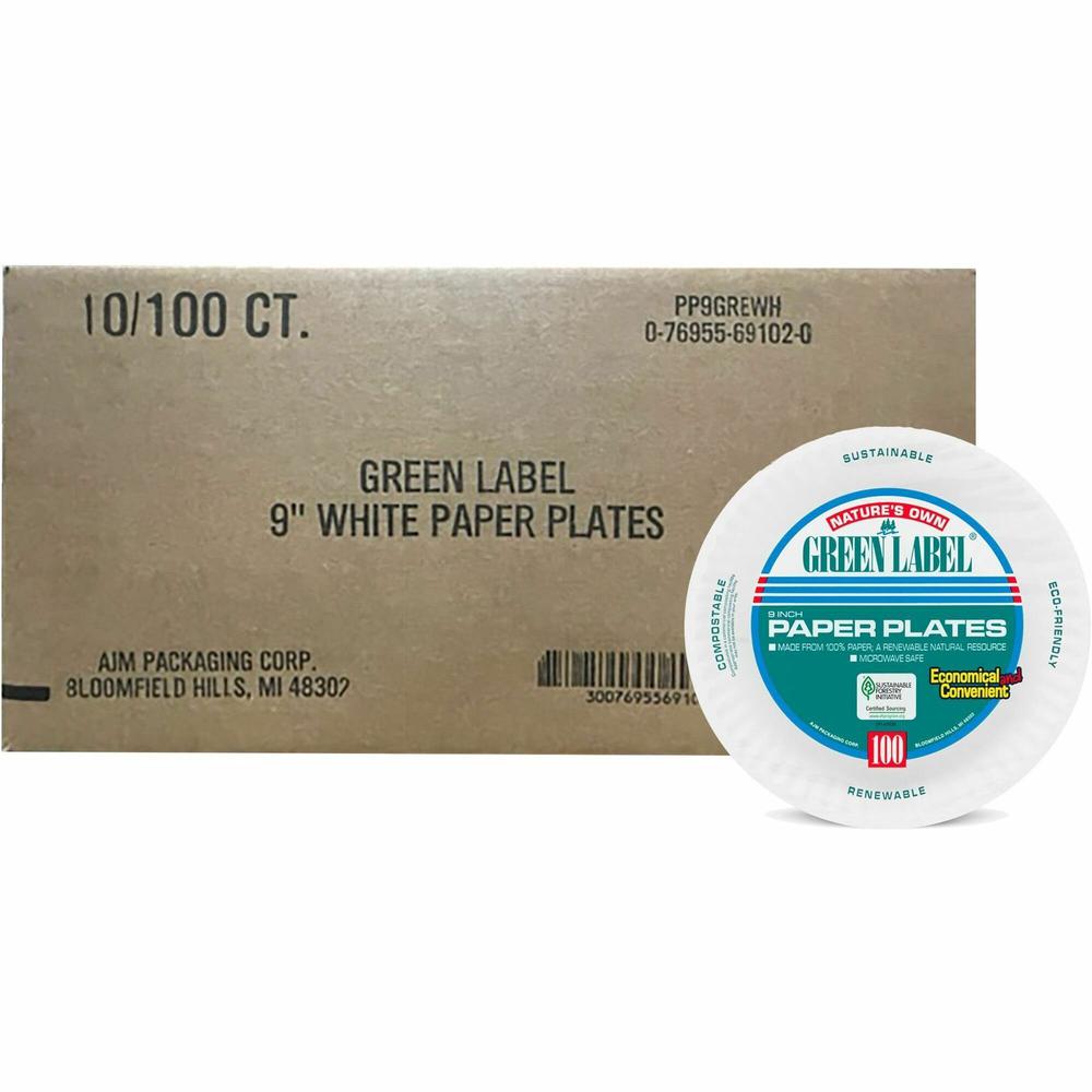 AJM Green Label 9" Economy Paper Plates - 100 / Pack - Microwave Safe - 9" Diameter - White - Paper Body - 10 / Carton. Picture 1
