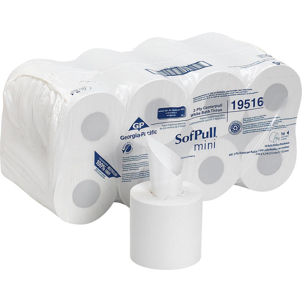 SofPull Centerpull Mini Toilet Paper - 2 Ply - 5.25" x 8.50" - 500 Sheets/Roll - White - Fiber - 16 Rolls Per Carton - 16 / Carton. Picture 1