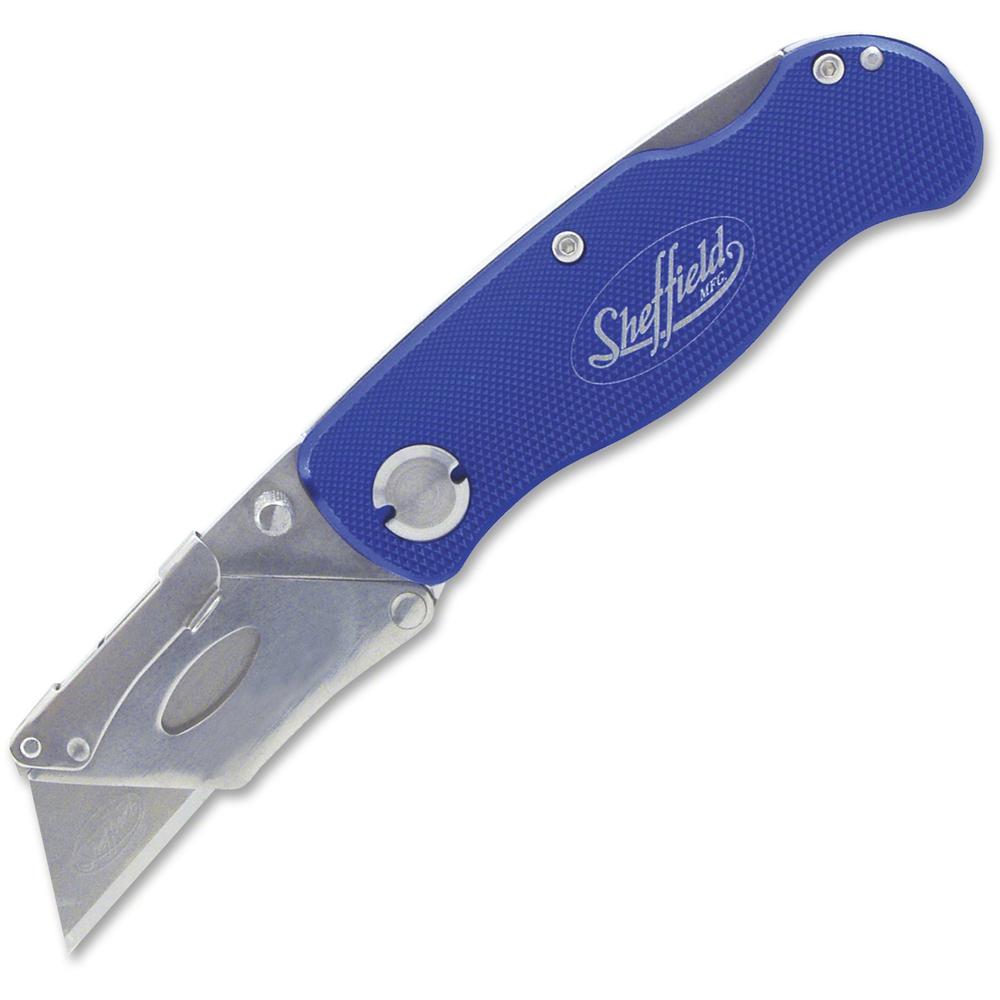 Sheffield Great NeckLockback Utility Knife - Locking Blade, Sturdy, Snap Closure, Lightweight, Pocket Clip - Aluminum - Blue - 8.9" Length - 1 Each. Picture 1