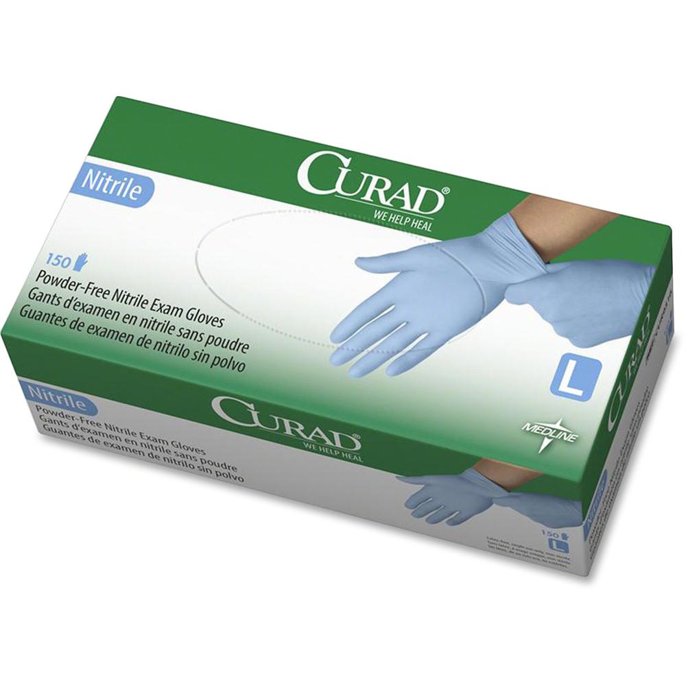 Curad Powder-free Nitrile Disposable Exam Gloves - Large Size - Full-Textured Design - Blue - Powder-free, Disposable, Latex-free, Beaded Cuff, Non-sterile, Chemical Resistant - For Medical - 150 / Bo. The main picture.