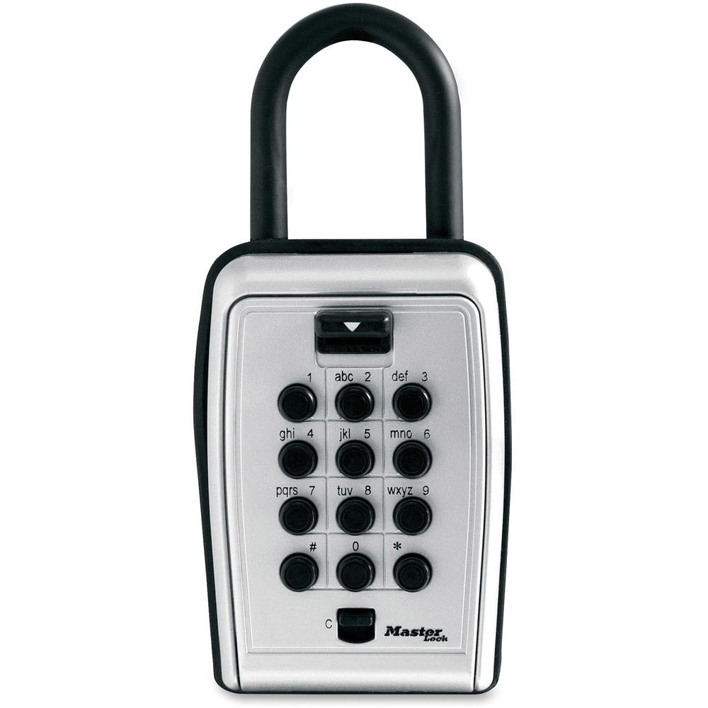 Master Lock Portable Key Safe - Push Button Lock - Weather Resistant, Scratch Resistant - for Door - Overall Size 7.2" x 5.3" x 2.2" - Black, Silver - Metal, Vinyl. Picture 1