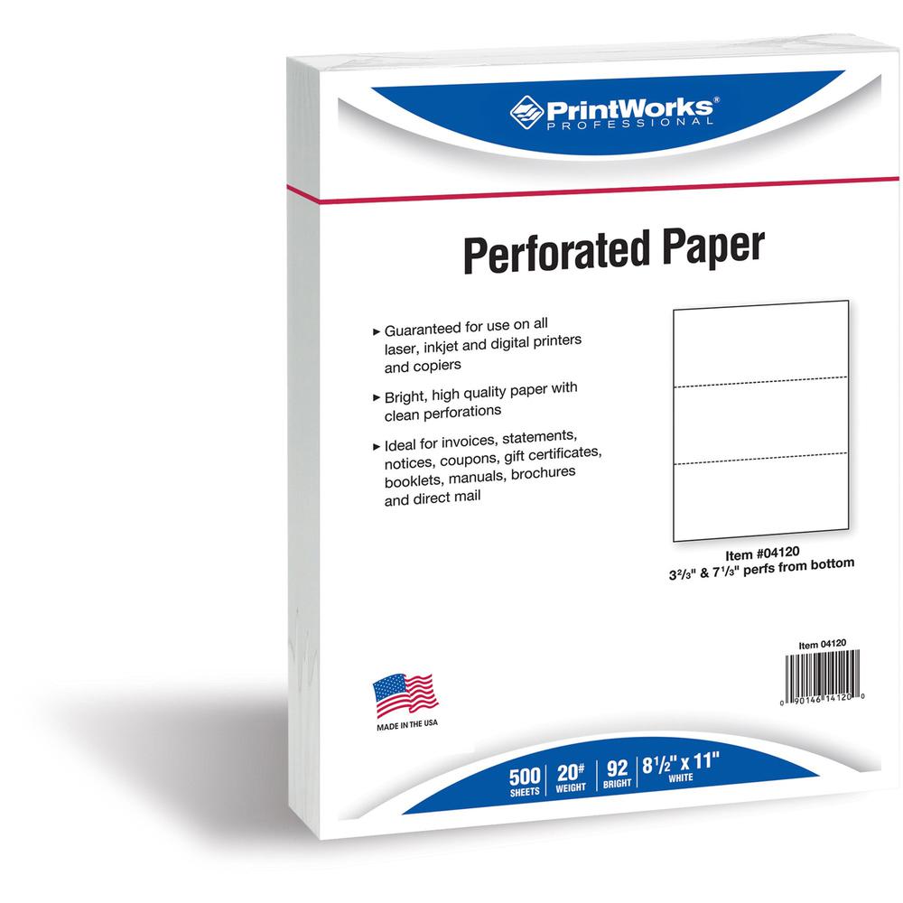 PrintWorks Professional Pre-Perforated Paper for Invoices, Statements, Gift Certificates & More - Letter - 8 1/2" x 11" - 20 lb Basis Weight - 500 / Ream - Sustainable Forestry Initiative (SFI) - Perf. Picture 1