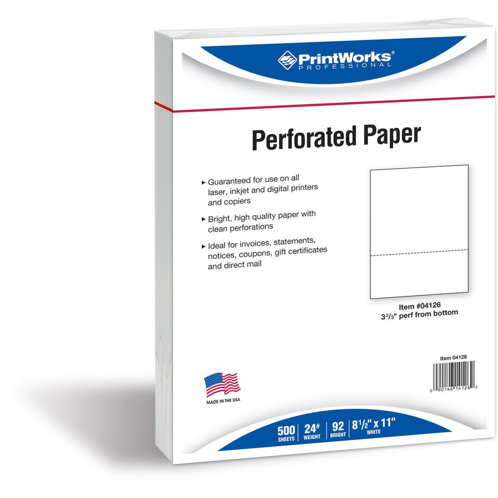 PrintWorks Professional Pre-Perforated Paper for Invoices, Statements, Gift Certificates & More - Letter - 8 1/2" x 11" - 24 lb Basis Weight - 500 / Ream - Perforated - White. Picture 1