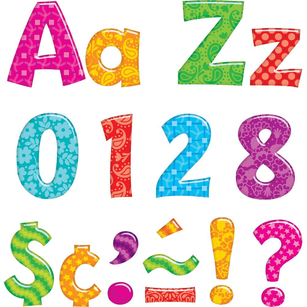 Trend Colorful Patterns 4-inch Ready Letters - Learning Theme/Subject - 59 x Uppercase Letters, 84 x Lowercase Letters, 20 x Numbers, 35 x Punctuation Marks, 18 x Spanish Accent Mark Shape - Fade Resi. The main picture.