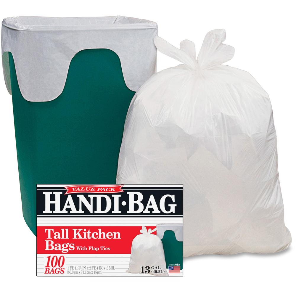 Webster Handi-Bag Flap Tie Tall Kitchen Bags - Small Size - 13 gal - 23.75" Width x 28" Length - 0.60 mil (15 Micron) Thickness - White - Hexene Resin - 100/Box - Home, Office. Picture 1