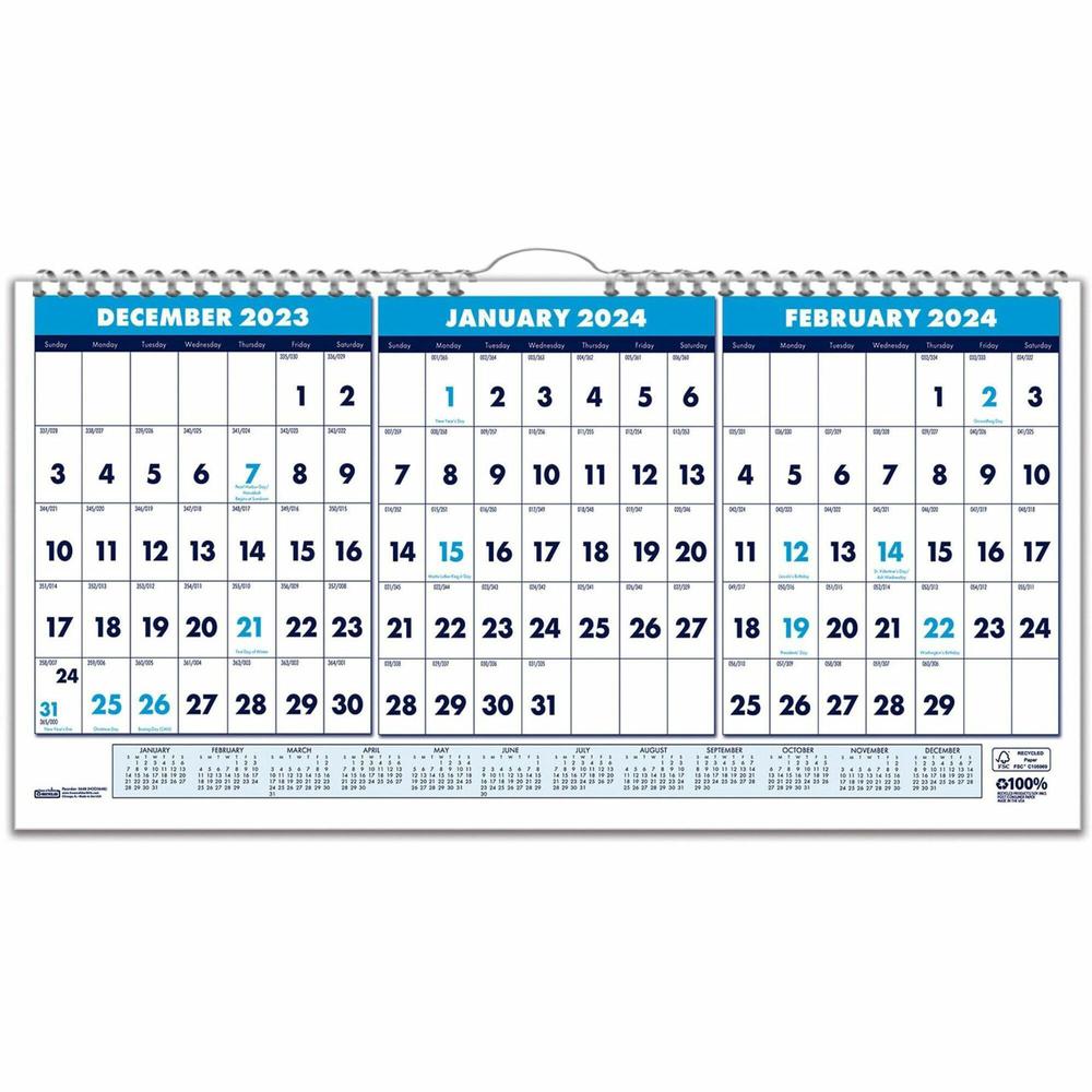 House of Doolittle 3-month Horizontal Wall Calendar - Julian Dates - Monthly - 14 Month - December 2023 - January 2025 - 12" x 23 1/2" Sheet Size - 1.63" x 1.38" Block - Wire Bound - Multi - 12" Heigh. Picture 1