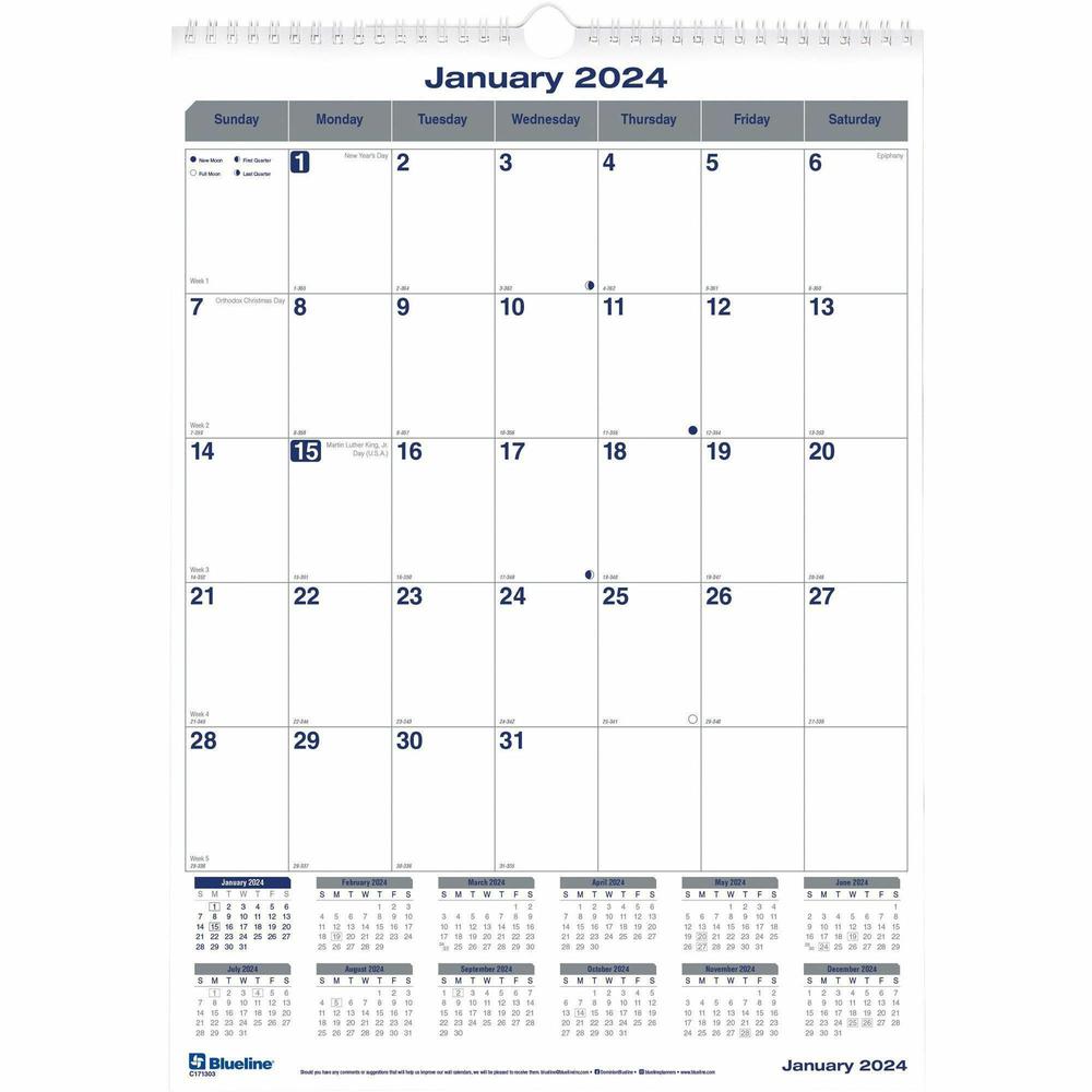 Blueline Net Zero Carbon Wall Calendar - Julian Dates - Monthly - 12 Month - January 2024 - December 2024 - 1 Month Single Page Layout - 12" x 17" White Sheet - Twin Wire - White - Chipboard - Black C. Picture 1