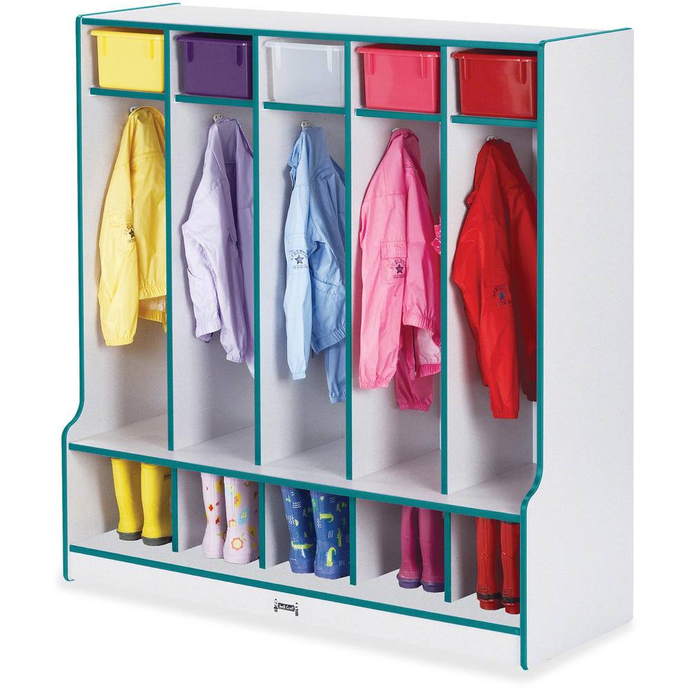 Jonti-Craft Rainbow Accents Step 5 Section Locker - 5 Compartment(s) - 50.5" Height x 48" Width x 17.5" Depth - Double Hook, Durable - Teal - 1 Each. Picture 1