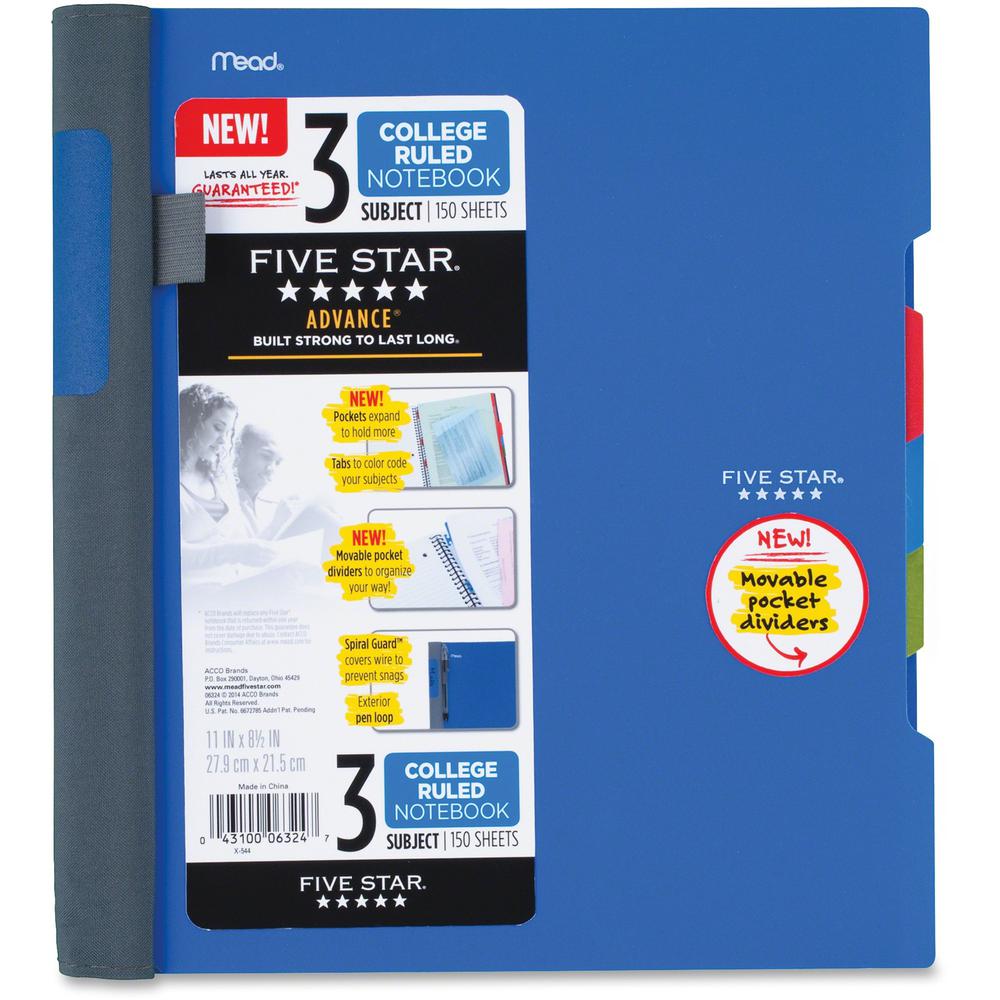 Mead College Ruled Subject Notebooks - 150 Pages - Spiral - 11" x 10.1" - AssortedPlastic Cover - Tab, Divider, Durable, Subject, Snag Resistant, Expandable Pocket, Pen Loop - 1 Each. Picture 1