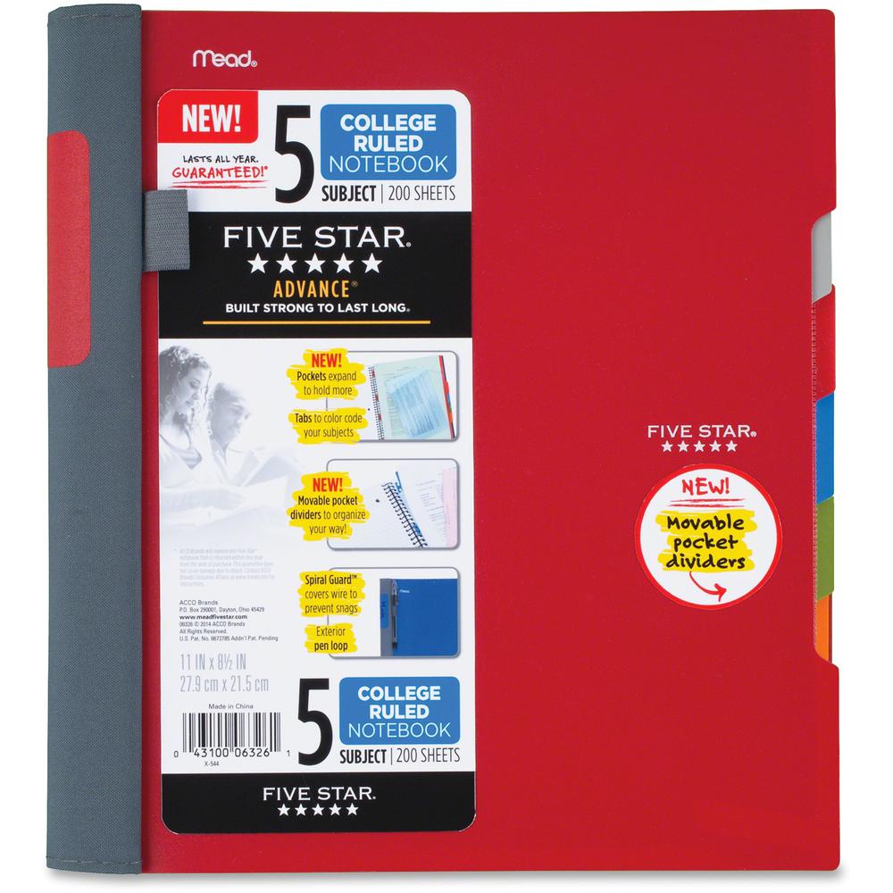 Mead College Ruled Subject Notebooks - 200 Pages - Spiral - 11" x 10.2" - AssortedPlastic Cover - Tab, Divider, Durable, Subject, Snag Resistant, Expandable Pocket, Pen Loop - 1 Each. Picture 1