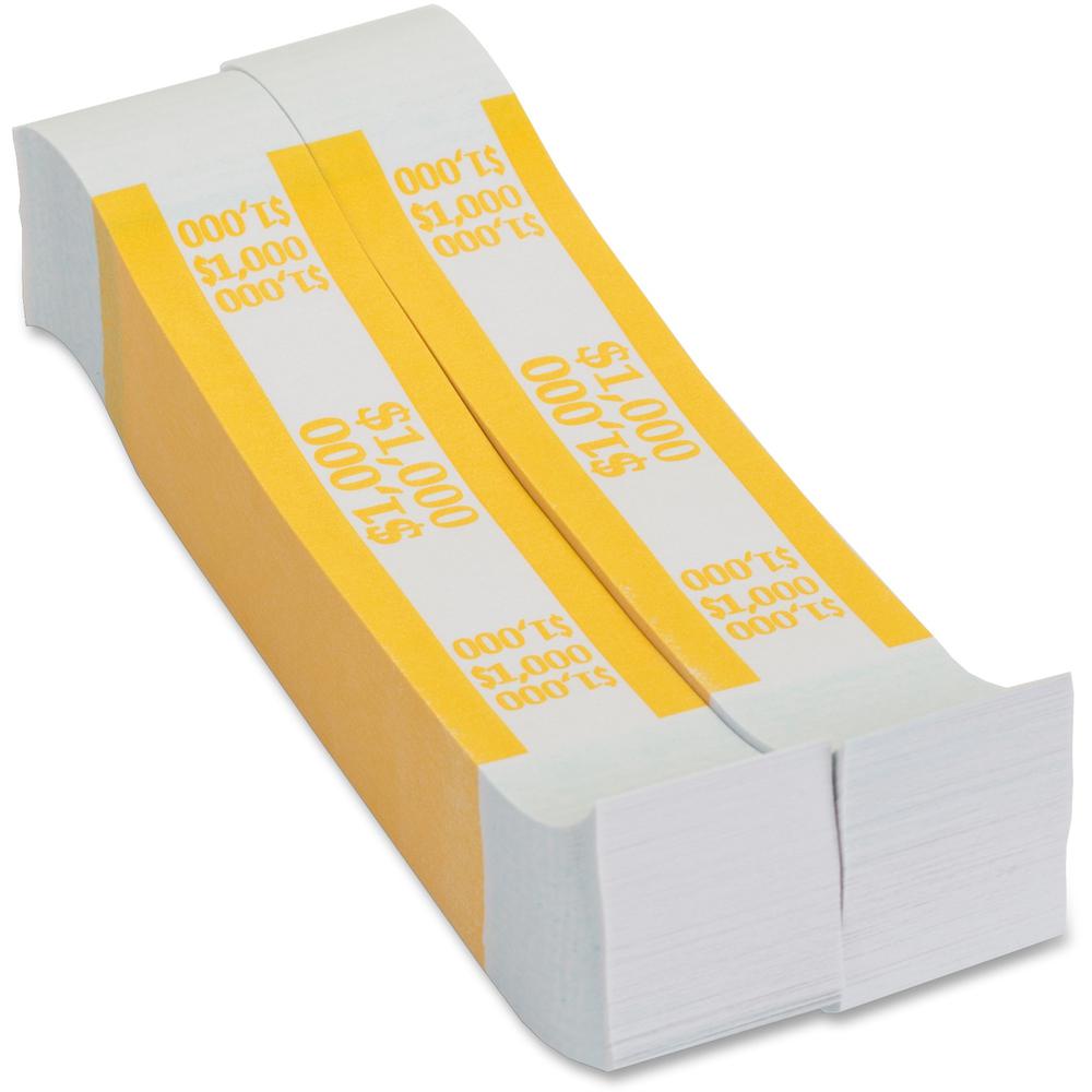 PAP-R Currency Straps - 1.25" Width - Total $1,000 in $10 Denomination - Self-sealing, Self-adhesive, Durable - 20 lb Basis Weight - Kraft - White, Yellow - 1000 / Pack. Picture 1