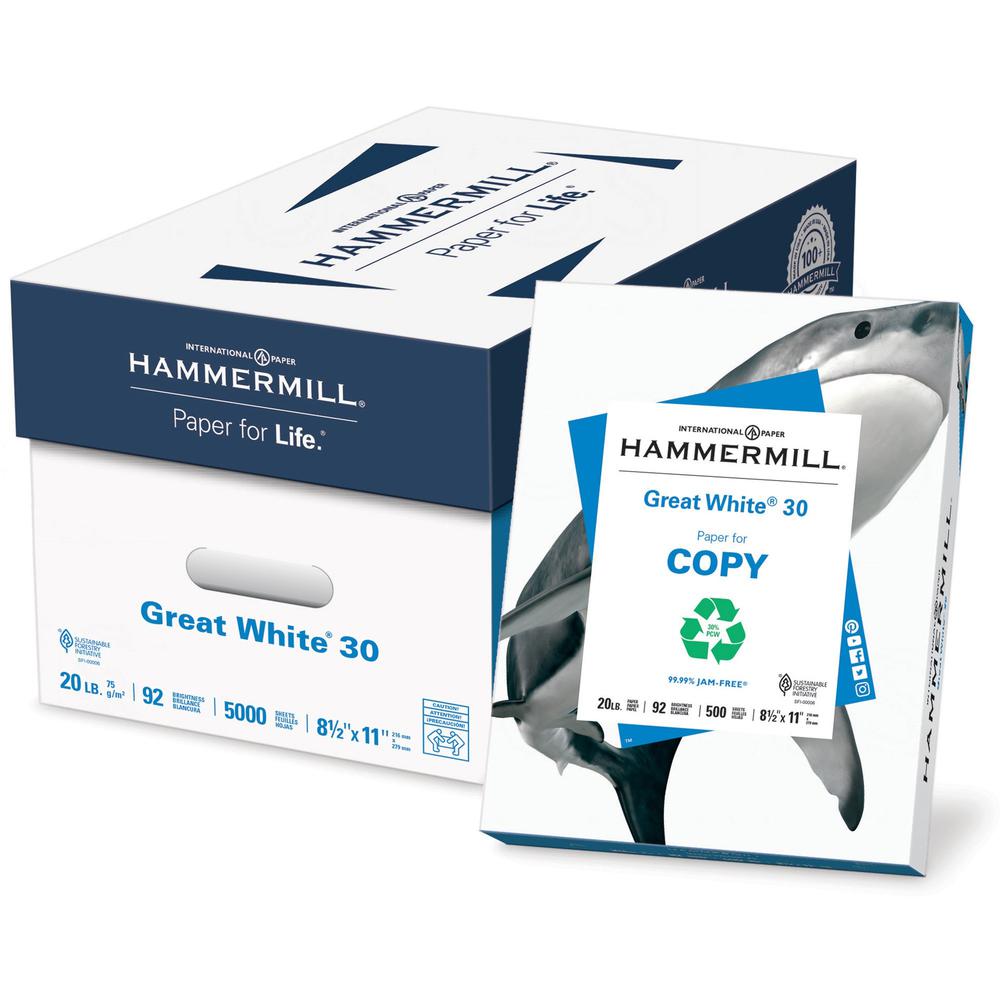 Hammermill Great White Recycled Copy Paper - White - 92 Brightness - Letter - 8 1/2" x 11" - 20 lb Basis Weight - 400 / Pallet - FSC - Acid-free, Archival-safe, Jam-free - White. Picture 1