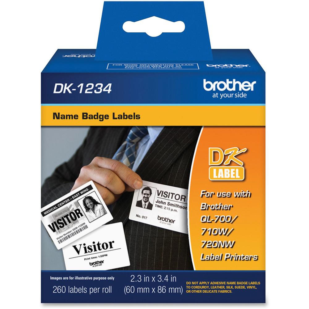Brother DK1234 - Adhesive Name Badge Labels - 2.36" Width x 3.39" Length - Rectangle - Direct Thermal - White - Paper - 260 / Roll. Picture 1