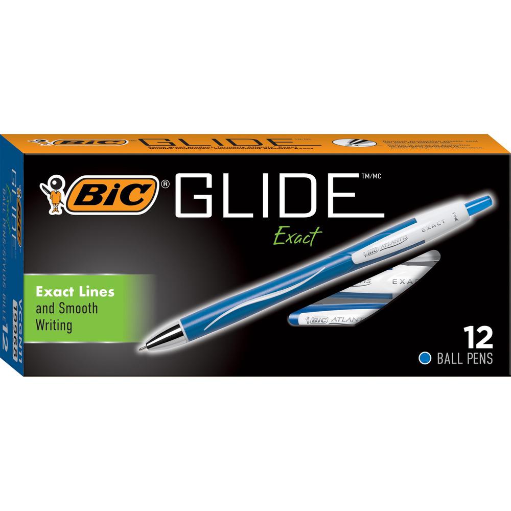 BIC Glide Exact Retractable Ballpoint - Fine Pen Point - Retractable - Blue - Blue, White Barrel - 1 Dozen. Picture 1