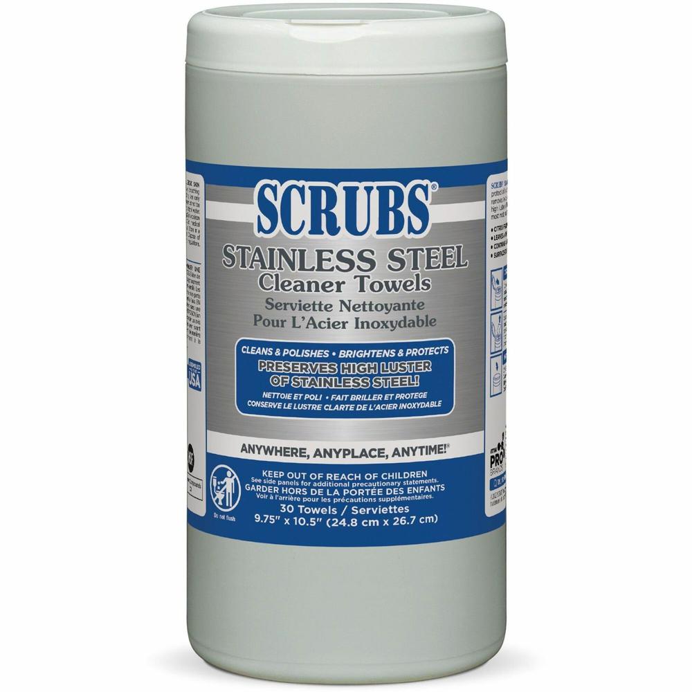 SCRUBS Stainless Steel Cleaner Wipes - For Stainless Steel, Aluminum, Chrome, Copper, Brass, Bathroom, Elevator, Kitchen - Citrus Scent - 10.50" Length x 9.75" Width - 30 / Canister - 1 Each - Corrosi. The main picture.