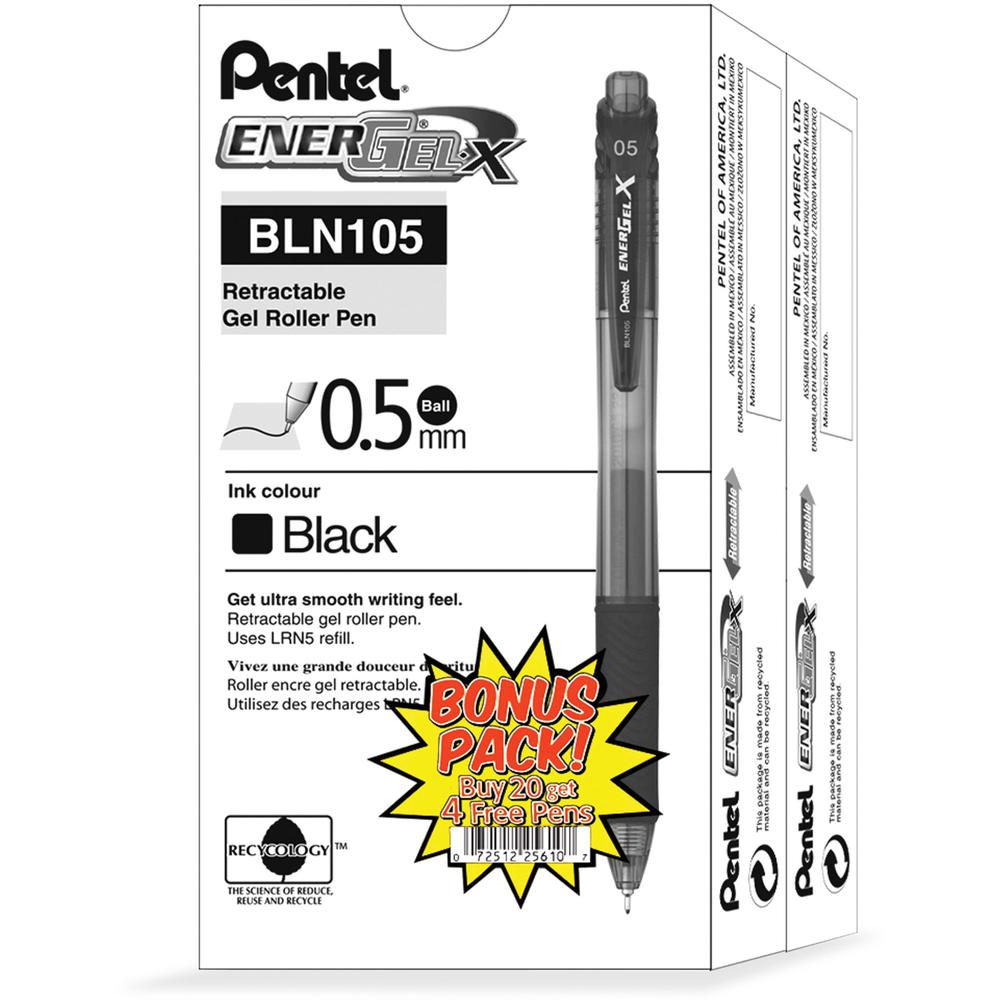 EnerGel EnerGel-X Retractable Gel Pens - Fine Pen Point - 0.5 mm Pen Point Size - Needle Pen Point Style - Refillable - Retractable - Black Gel-based Ink - Black Barrel - 24 / Pack. Picture 1