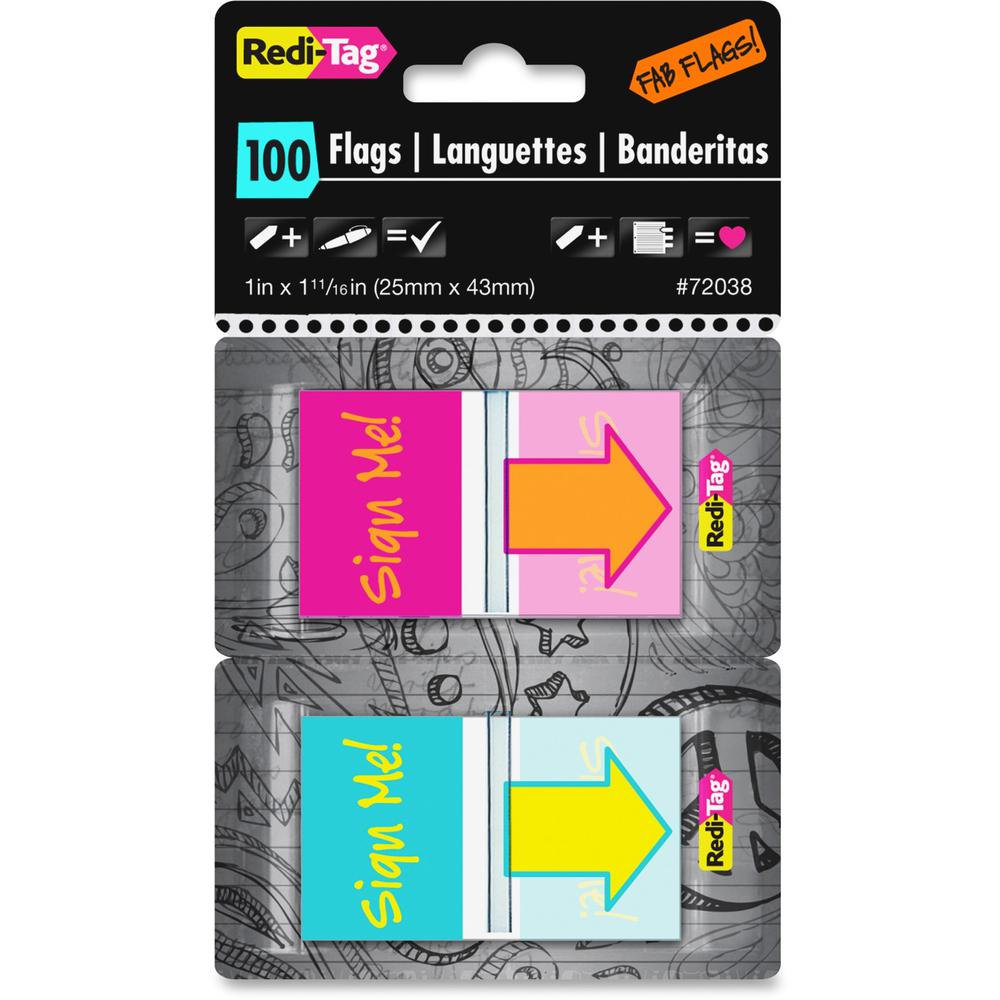 Redi-Tag Self-adhesive Fab Flags - 1" x 1 11/16" - Rectangle - "Sign Me!" - Magenta, Orange, Yellow, Teal - Self-adhesive, Repositionable, Removable, Residue-free, Writable, Reusable - 100 / Pack. Picture 1