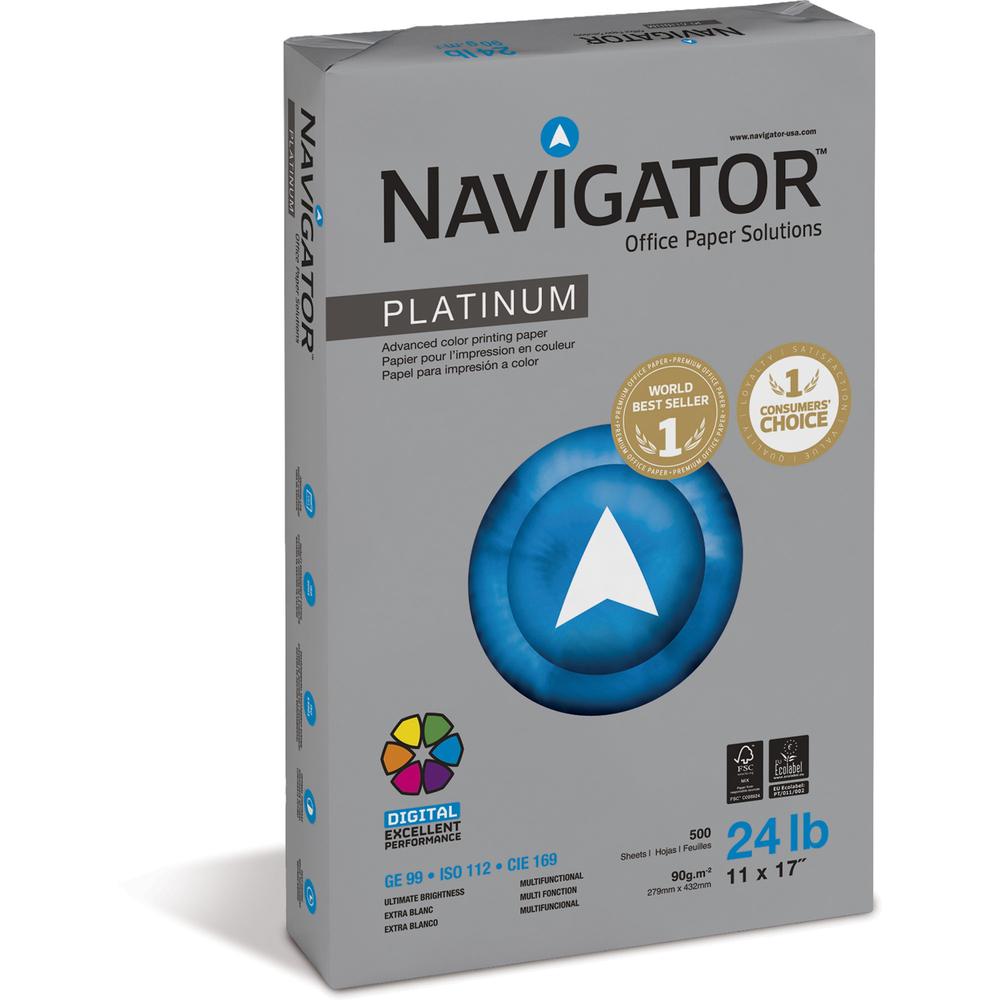 Navigator Platinum Superior Productivity Multipurpose Paper - Silky Touch - Bright White - 99 Brightness - 96% Opacity - 11" x 17" - 24 lb Basis Weight - Extra Smooth - 2500 / Carton - Jam-free - Brig. Picture 1