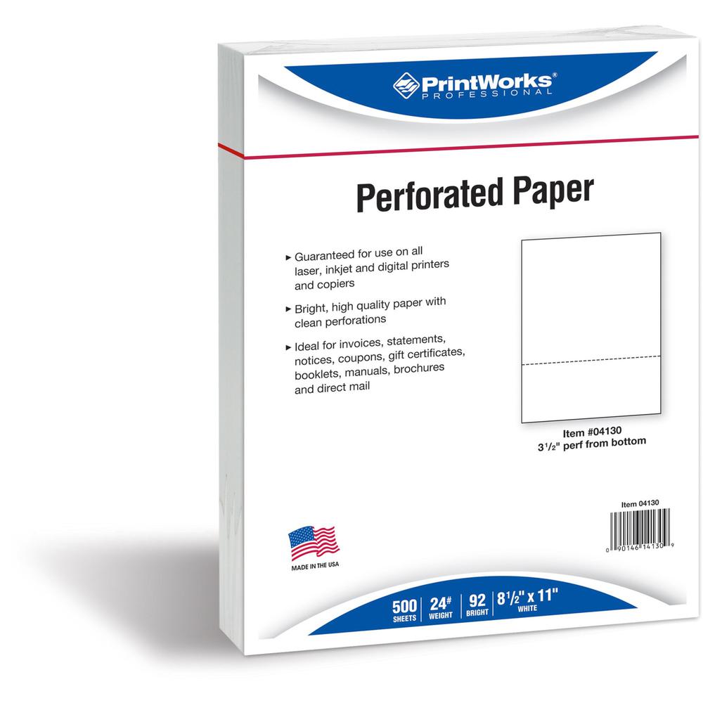 PrintWorks Professional Pre-Perforated Paper for Invoices, Statements, Gift Certificates & More - 92 Brightness - Letter - 8 1/2" x 11" - 24 lb Basis Weight - Smooth - 500 / Ream - Perforated - White. Picture 1