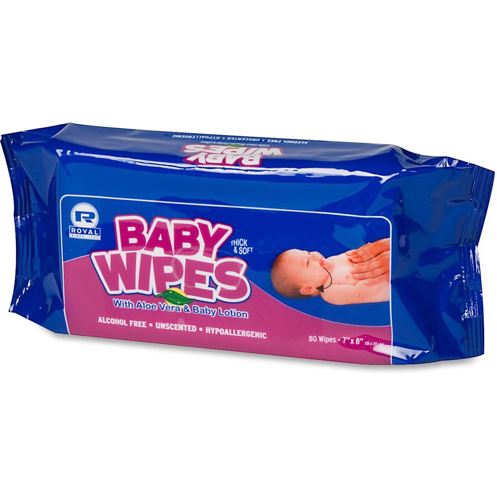 Royal Paper Products Baby Wipes Refill Pack - White - Unscented, Extra Soft, Pre-moistened, Alcohol-free, Hypoallergenic - For School, Home, Skin, Church, Day Care - 80 Per Pack - 12 / Carton. Picture 1