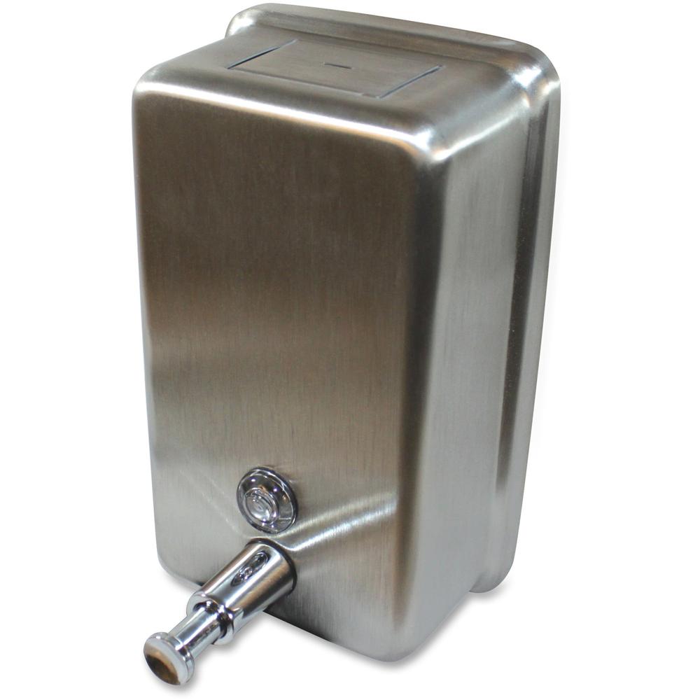 Genuine Joe Stainless Vertical Soap Dispenser - Manual - 1.25 quart Capacity - Tamper Proof, Theft Proof, Refillable - Stainless Steel - 1Each. Picture 1
