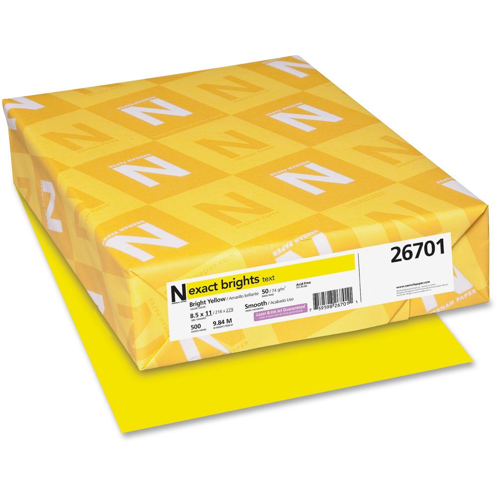 Exact Brights&reg; Smooth Colored Paper - Yellow - Letter - 8 1/2" x 11" - 50 lb Basis Weight - Smooth - 500 / Pack - Printable, Lignin-free, Acid-free, Elemental Chlorine-free - Bright Yellow. Picture 1