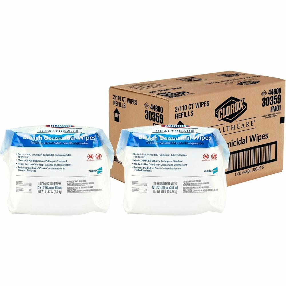 Clorox Healthcare Bleach Germicidal Wipes Refill - Ready-To-Use Wipe - 110 / Pack - 2 / Carton - White. Picture 1