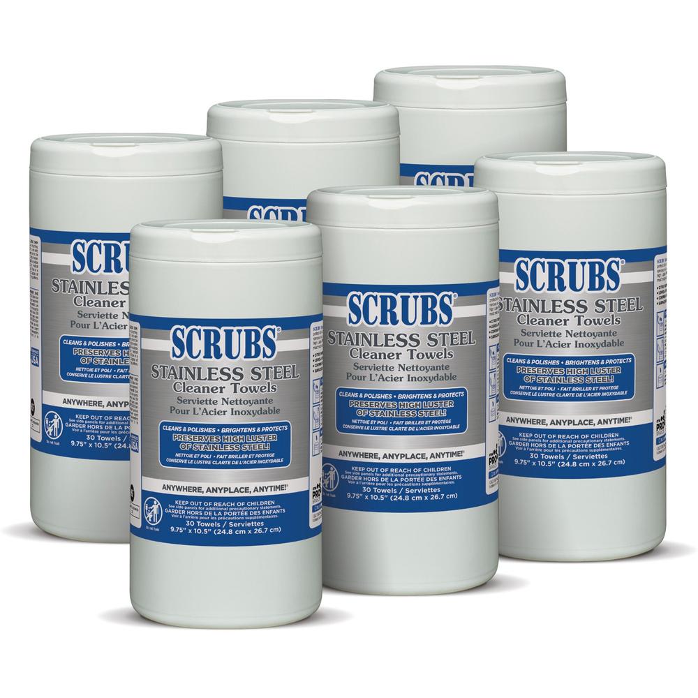 SCRUBS Stainless Steel Cleaner Wipes - For Stainless Steel, Aluminum, Copper, Brass, Chrome - Citrus Scent - 10.50" Length x 9.75" Width - 30 / Canister - 6 / Carton - Corrosion Resistant - Yellow. Picture 1