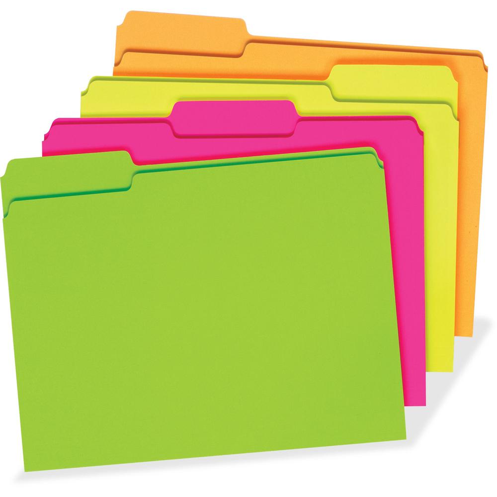 Pendaflex 1/3 Tab Cut Letter Recycled Top Tab File Folder - 8 1/2" x 11" - 150 Sheet Capacity - Top Tab Location - Assorted Position Tab Position - Fluorescent Pink, Fluorescent Orange, Fluorescent Gr. Picture 1