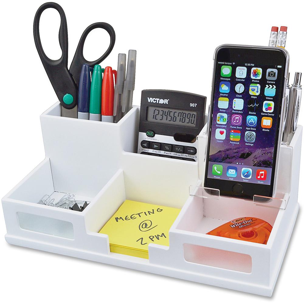 Victor W9525 Pure White Desk Organizer with Smart Phone Holder&trade; - 6 Compartment(s) - 4.0" Height x 5.5" Width x 10.4" Depth - White - Wood, Frosted Glass, Rubber - 1Each. Picture 1