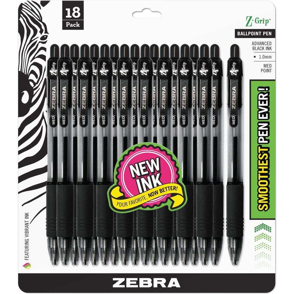 Zebra Z-Grip Retractable Ballpoint Pens - Medium Pen Point - 1 mm Pen Point Size - Retractable - Black - 18 / Pack. Picture 1