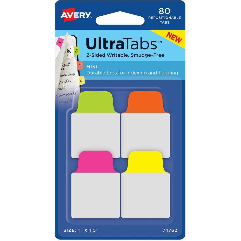 Avery&reg; Mini Ultra Tabs - 80 Tab(s) - 1.50" Tab Height x 1" Tab Width - Clear Film, Neon Pink Paper, Neon Yellow, Neon Green, Neon Orange Tab(s) - 80 / Pack. Picture 1