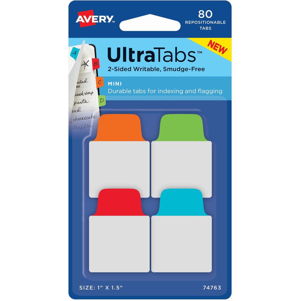 Avery&reg; Mini Ultra Tabs - 80 Tab(s) - 1.50" Tab Height x 1" Tab Width - Red Film, Clear Paper, Blue, Orange, Green Tab(s) - 80 / Pack. The main picture.