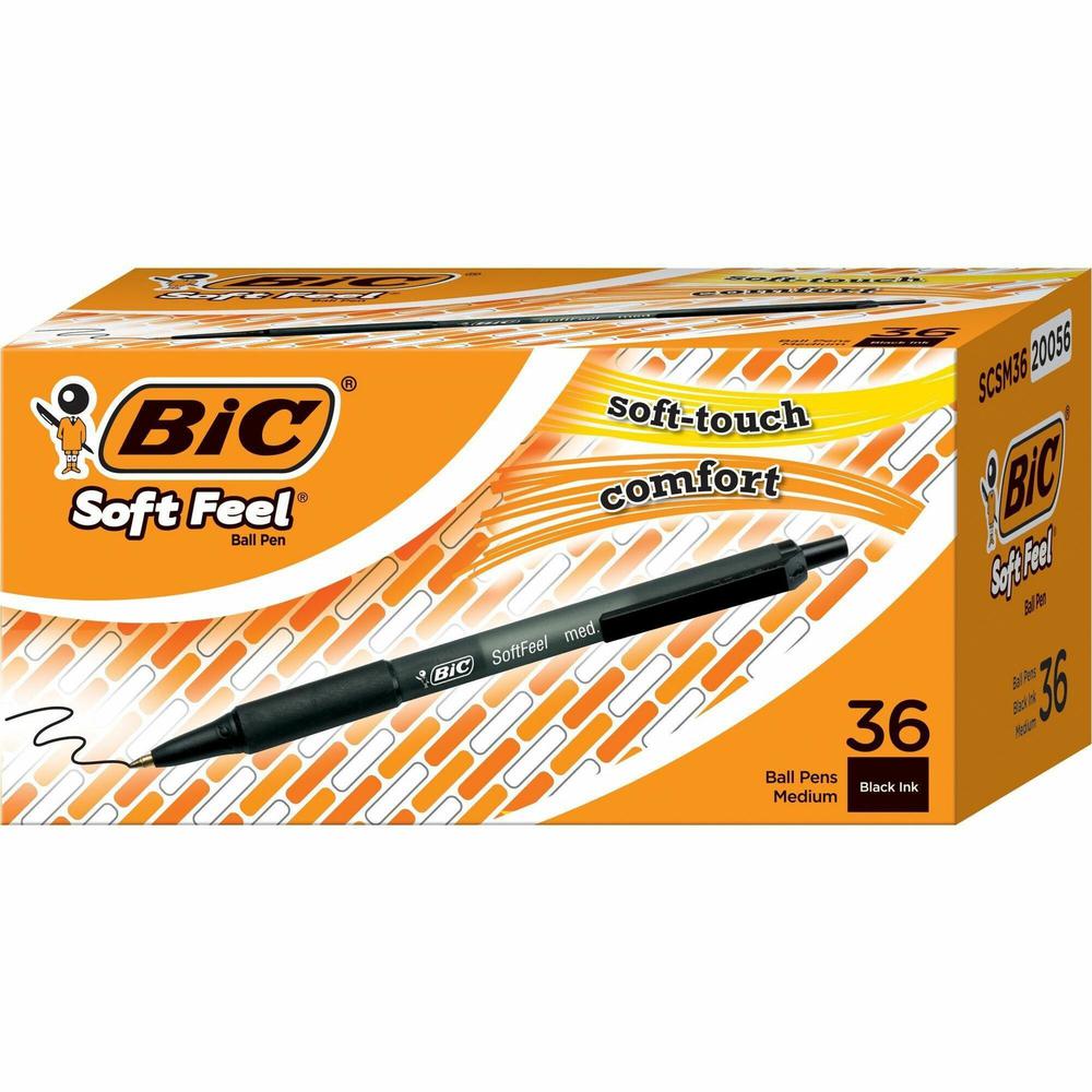 BIC SoftFeel Retractable Ball Pens - Medium Pen Point - 1 mm Pen Point Size - Retractable - Black - Black Barrel - 36 / Box. Picture 1