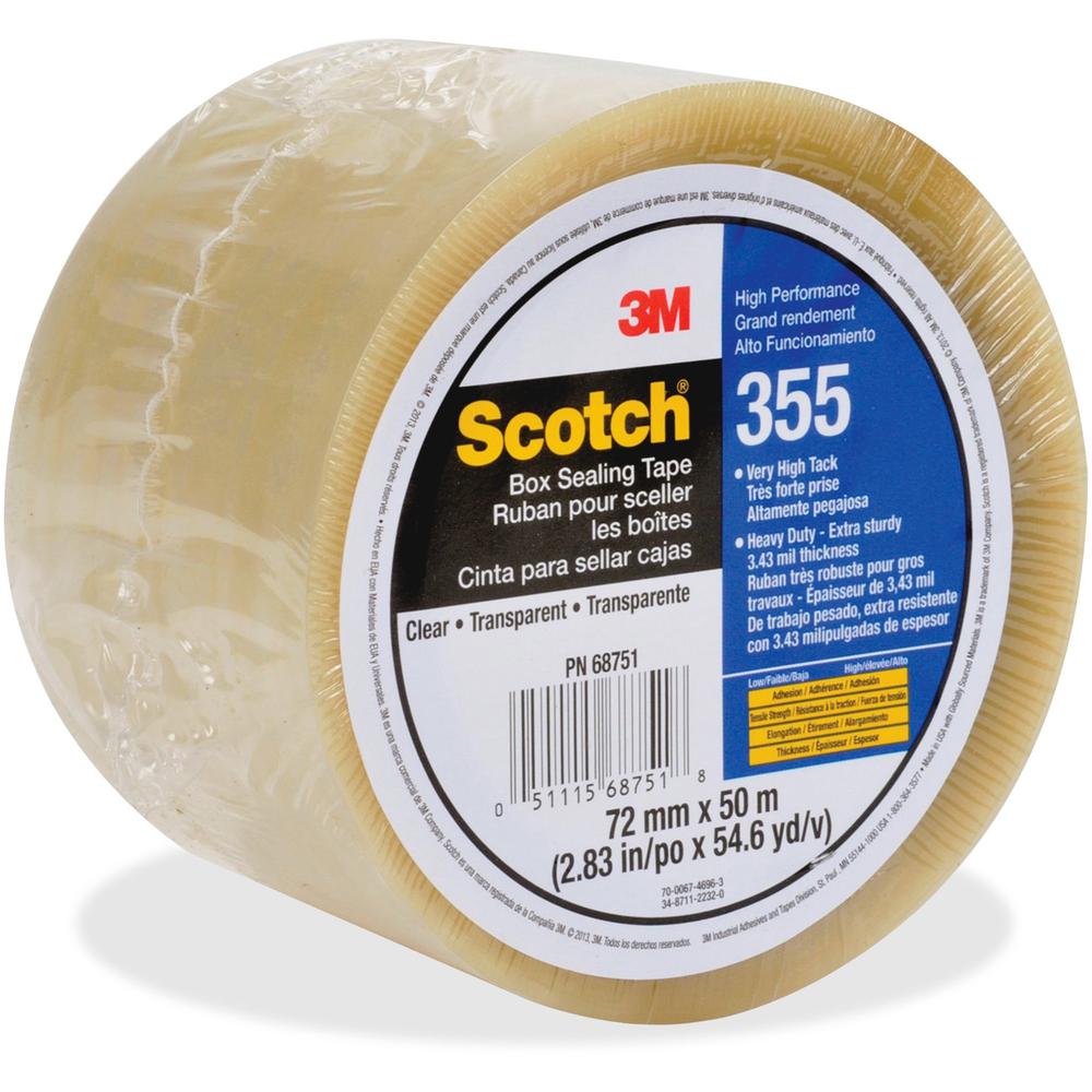 Scotch Box-Sealing Tape 355 - 54.68 yd Length x 2.83" Width - 3.5 mil Thickness - 3" Core - Rubber Resin - Polyester Backing - Moisture Resistant, Scuff Resistant, Split Resistant, Abrasion Resistant,. Picture 1