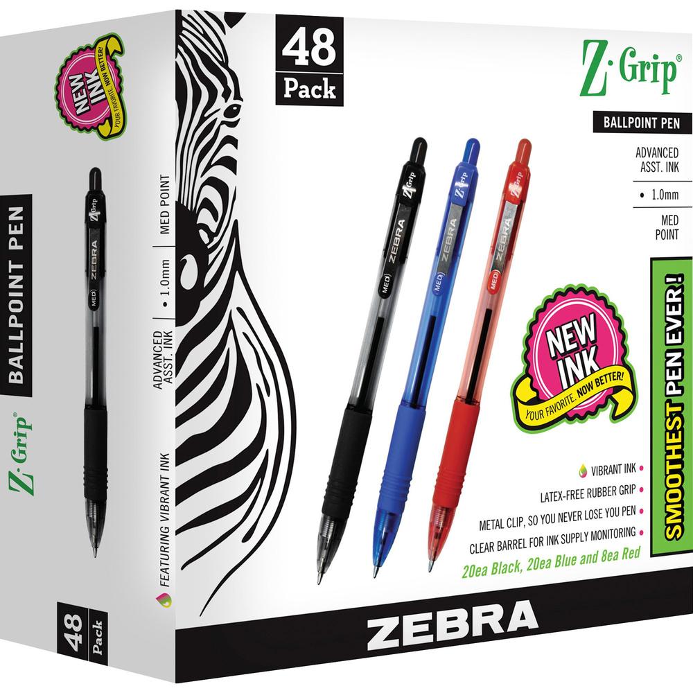 Zebra Pen Z-Grip Retractable Ballpoint Pens - Medium Pen Point - 1 mm Pen Point Size - Retractable - Assorted - Clear Plastic Barrel - 48 / Pack. Picture 1