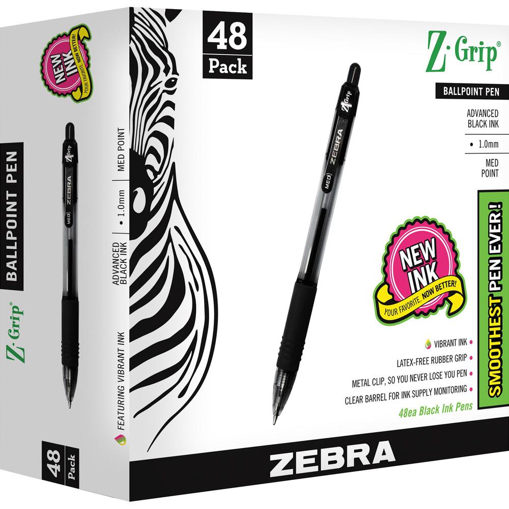 Zebra Z-Grip Retractable Ballpoint Pens - Medium Pen Point - 1 mm Pen Point Size - Retractable - Black - Clear Plastic Barrel - 48 / Pack. Picture 1