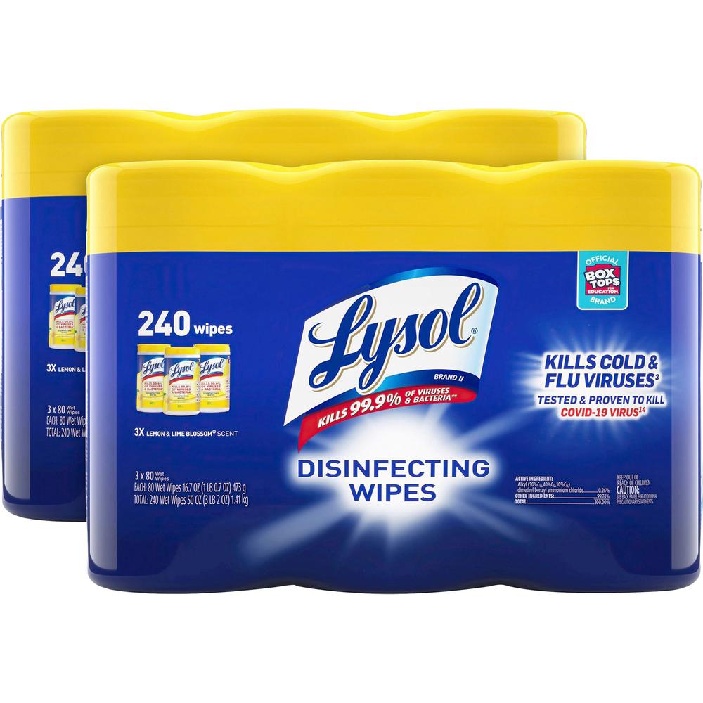 Lysol Lemon/Lime Disinfecting Wipes - For Multi Surface, Multipurpose - Lemon, Lime Blossom Scent - 80 / Canister - 6 / Carton - Pre-moistened, Deodorize, Disinfectant, Anti-bacterial - White. Picture 1