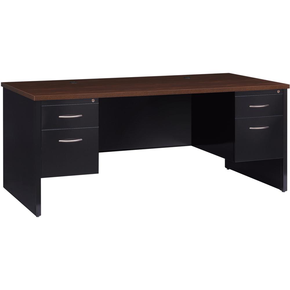 Lorell Fortress Modular Series Double-Pedestal Desk - 72" x 36" , 1.1" Top - 2 x Box, File Drawer(s) - Double Pedestal - Material: Steel - Finish: Walnut Laminate, Black - Scratch Resistant, Stain Res. Picture 1