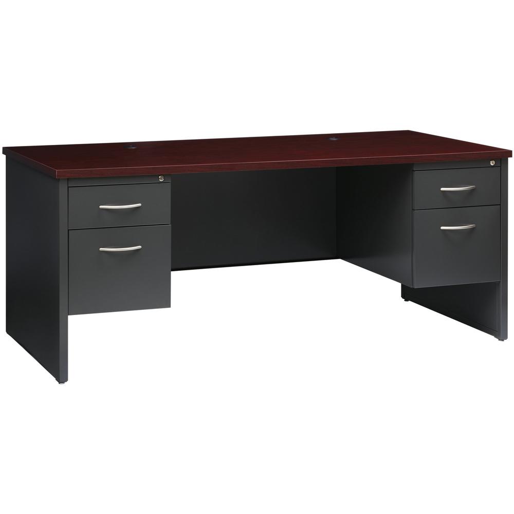 Lorell Mahogany Laminate/Charcoal Modular Desk Series Pedestal Desk - 2-Drawer - 72" x 36" , 1.1" Top - 2 x Box, File Drawer(s) - Double Pedestal - Material: Steel - Finish: Mahogany Laminate, Charcoa. Picture 1