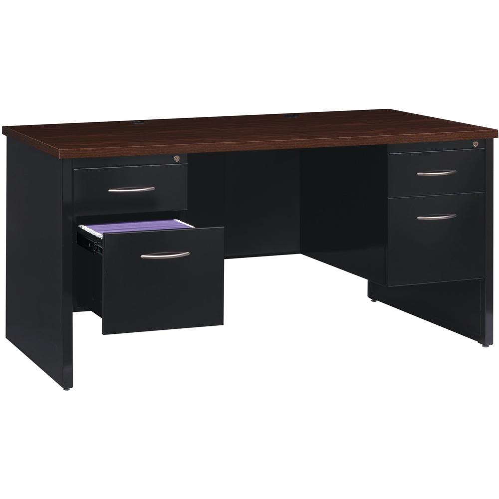 Lorell Fortress Modular Series Double-Pedestal Desk - 60" x 30" , 1.1" Top - 4 x Box, File Drawer(s) - Double Pedestal - Material: Steel - Finish: Walnut Laminate, Black - Scratch Resistant, Stain Res. Picture 1