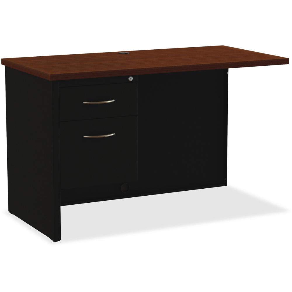 Lorell Fortress Modular Series Left Return - 48" x 24" , 1.1" Top - 2 x Box, File Drawer(s) - Single Pedestal on Left Side - Material: Steel - Finish: Walnut Laminate, Black - Scratch Resistant, Stain. Picture 1