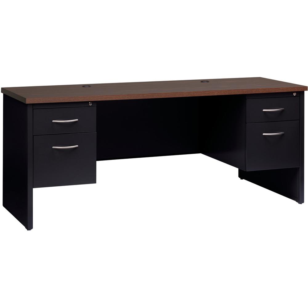 Lorell Walnut Laminate Commercial Steel Double-pedestal Credenza - 2-Drawer - 72" x 24" , 1.1" Top - 2 x Box, File Drawer(s) - Double Pedestal - Material: Steel - Finish: Walnut Laminate, Black. Picture 1