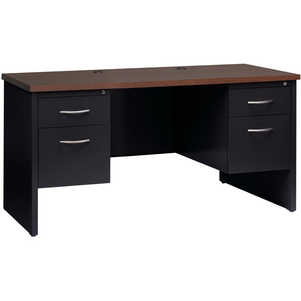 Lorell Fortress Modular Series Double-pedestal Credenza - 60" x 24" , 1.1" Top - 2 x Box, File Drawer(s) - Double Pedestal - Material: Steel - Finish: Walnut Laminate, Black - Scratch Resistant, Stain. Picture 1