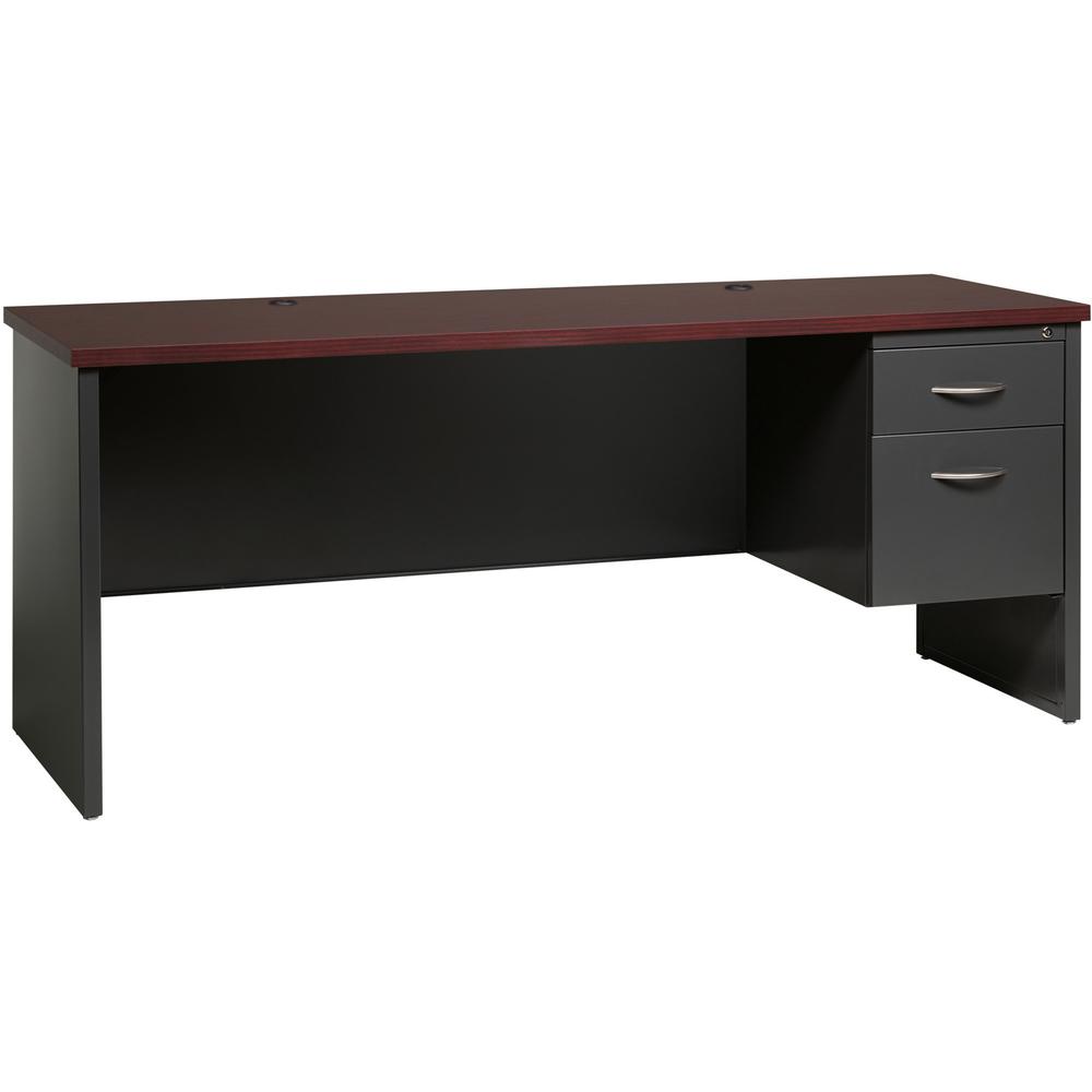 Lorell Mahogany Laminate/Charcoal Steel Right-pedestal Credenza - 2-Drawer - 72" x 24" , 1.1" Top - 2 x Box, File Drawer(s) - Single Pedestal on Right Side - Material: Steel - Finish: Mahogany Laminat. Picture 1