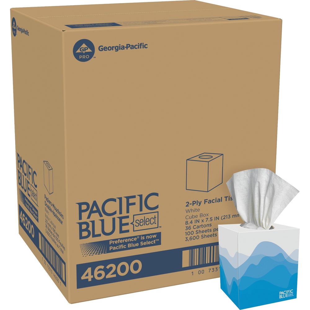 Pacific Blue Select Facial Tissue by GP Pro - Cube Box - 2 Ply - 7.65" x 8.85" - White - 100 Per Box - 36 / Carton. Picture 1