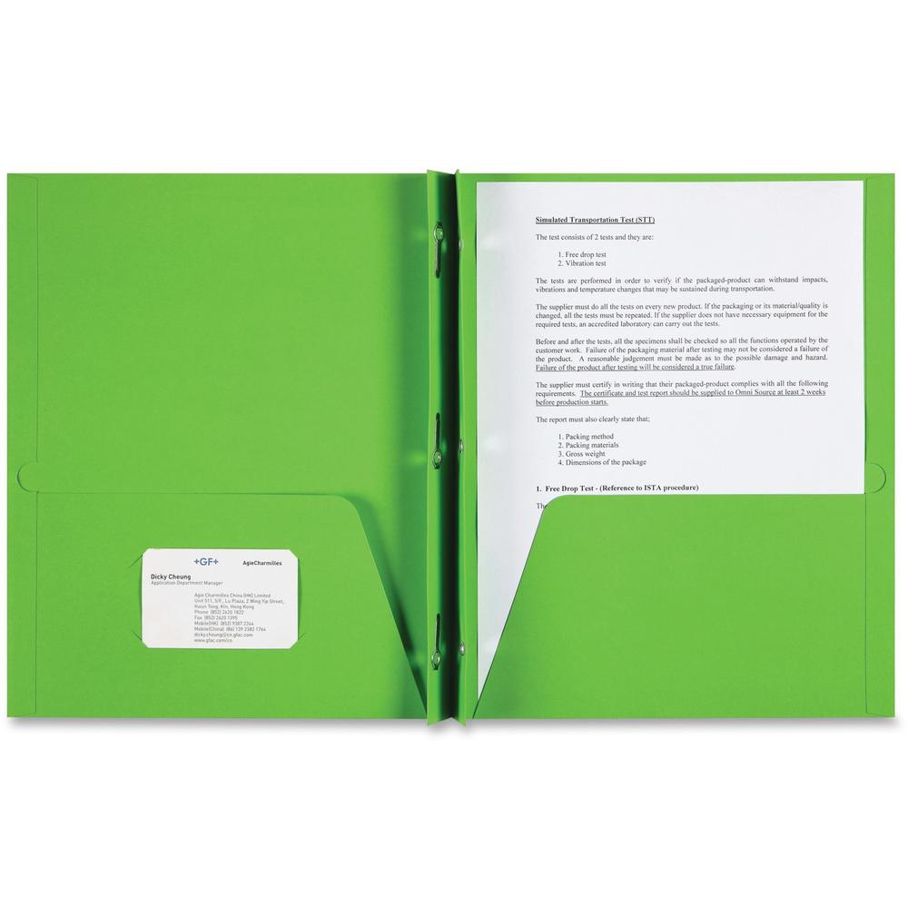Sparco Letter Pocket Folder - 8 1/2" x 11" - 3 x Double Prong Fastener(s) - 2 Internal Pocket(s) - Apple Green - 25 / Box. Picture 1